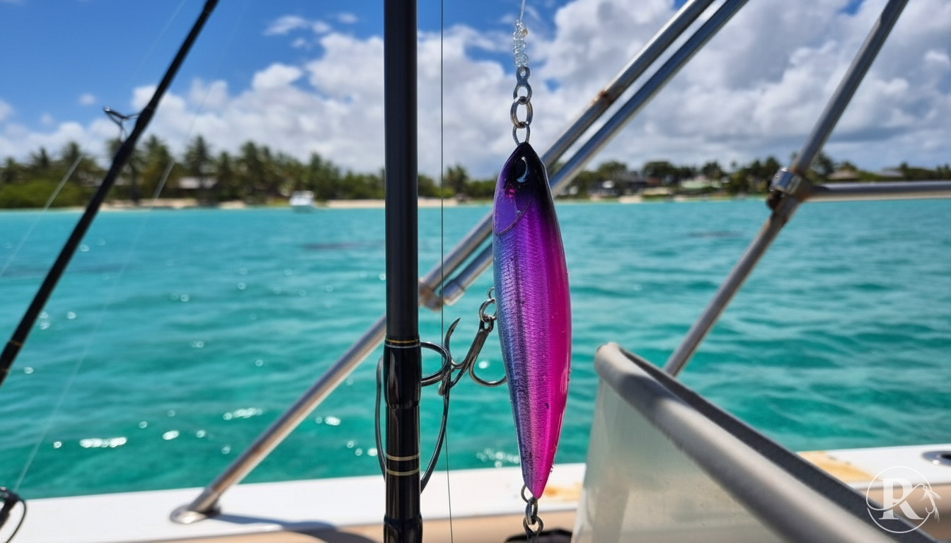 Fishing Seasons Mauritius - Stickbait rigged and ready over crystal Mauritius water.