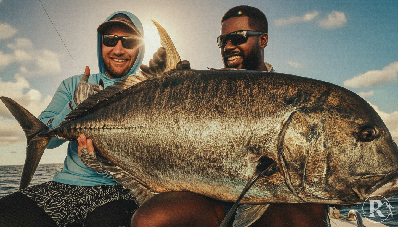 After an epic battle, a massive GT rests on the angler’s lap before release off the coast of Mauritius.