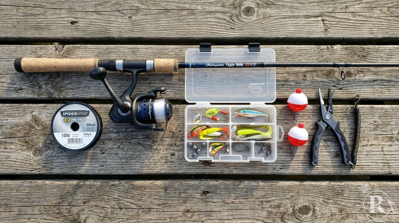 top-down flat lay photograph of fishing gear for beginners