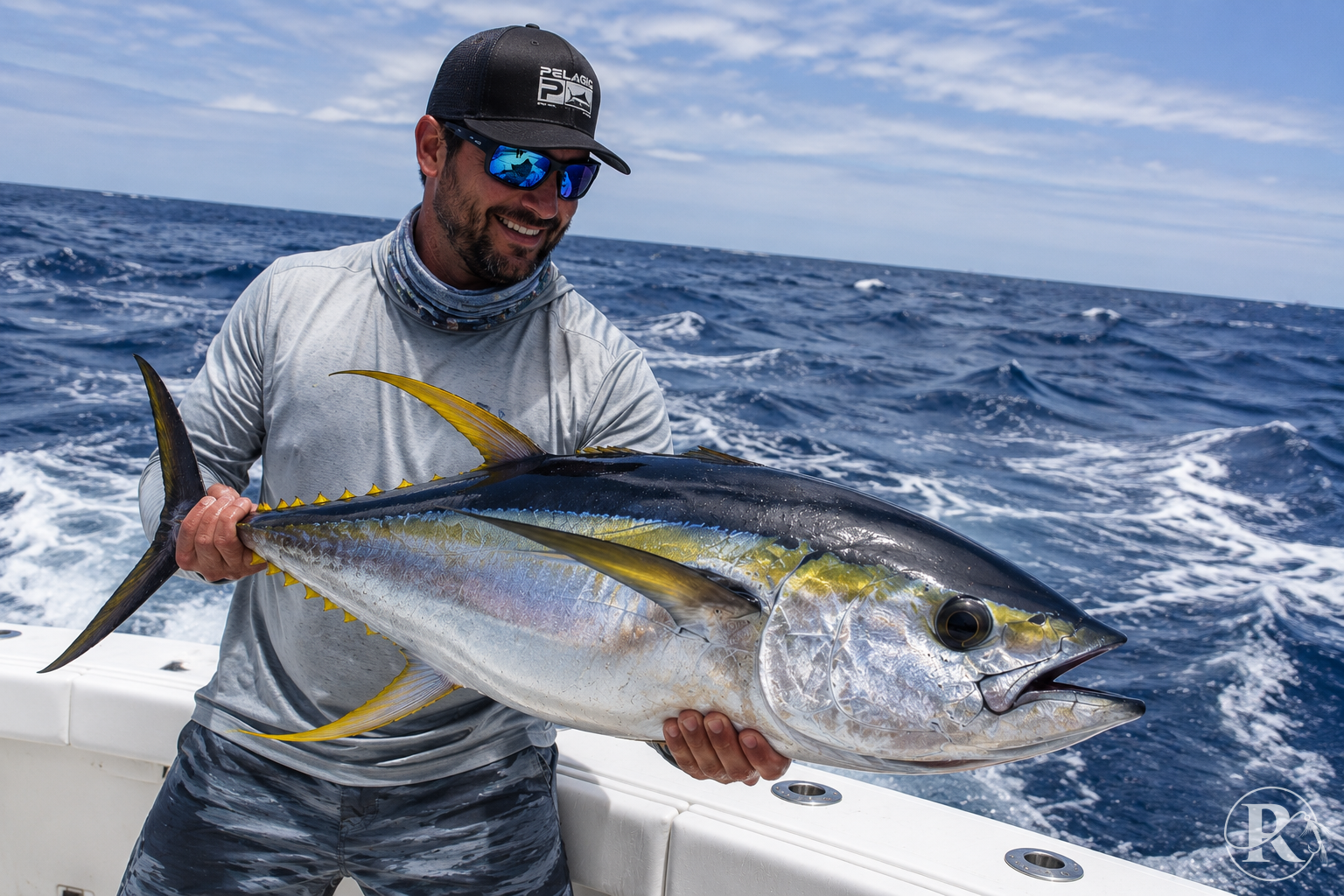 Angler holding a large yellowfin tuna aboard an offshore fishing charter boat in the Atlantic Ocean off the coast of North Carolina on a sunny day with choppy blue water.