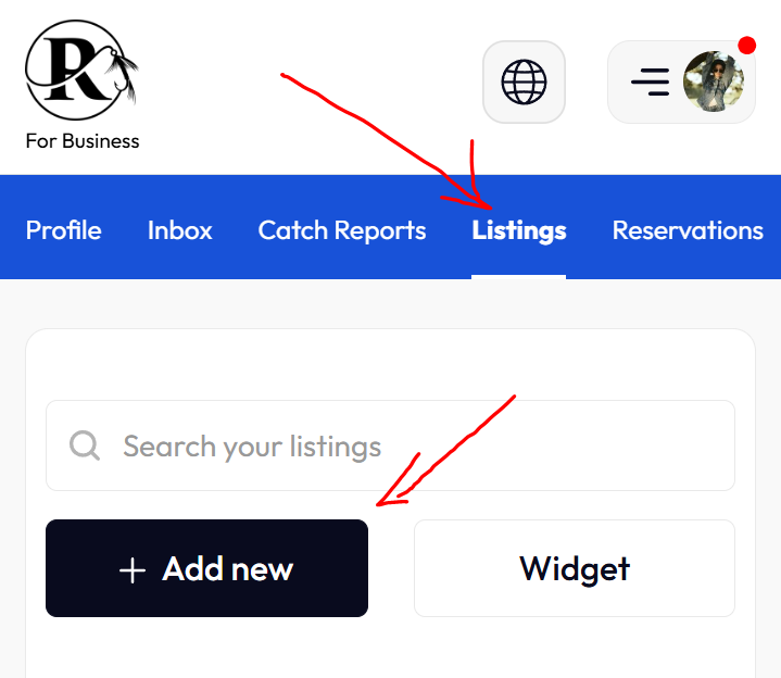 Listings page with Add New button